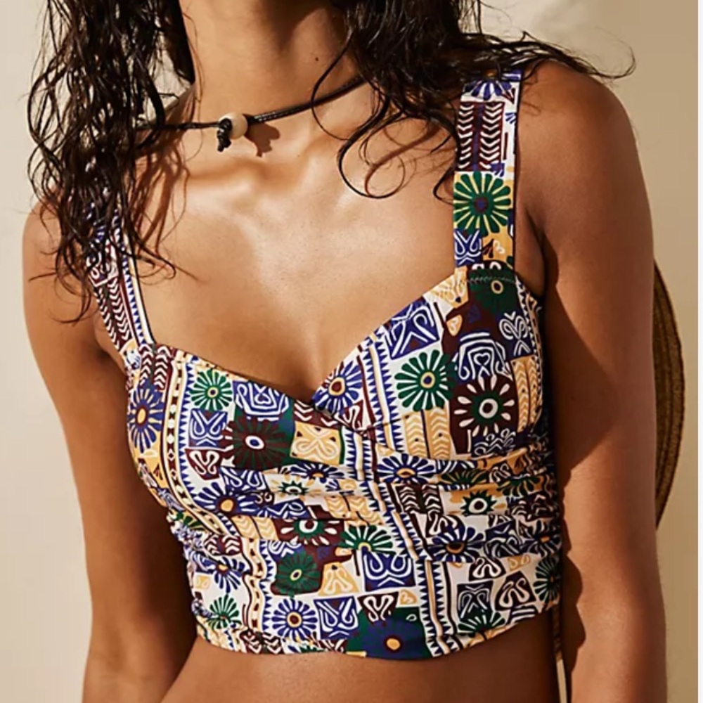 New Carolina K x Free People Loren Med Blue Yellow Floral Tiles Crop Bikini Top